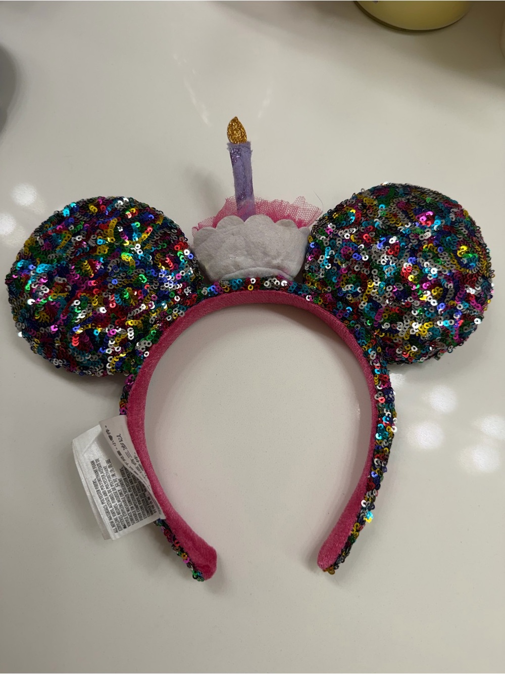 Disney Sequin Birthday Mouse Ear Headband with Pink Candle